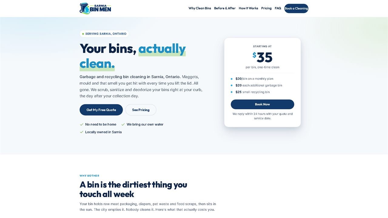 Sarnia Bin Men homepage screenshot